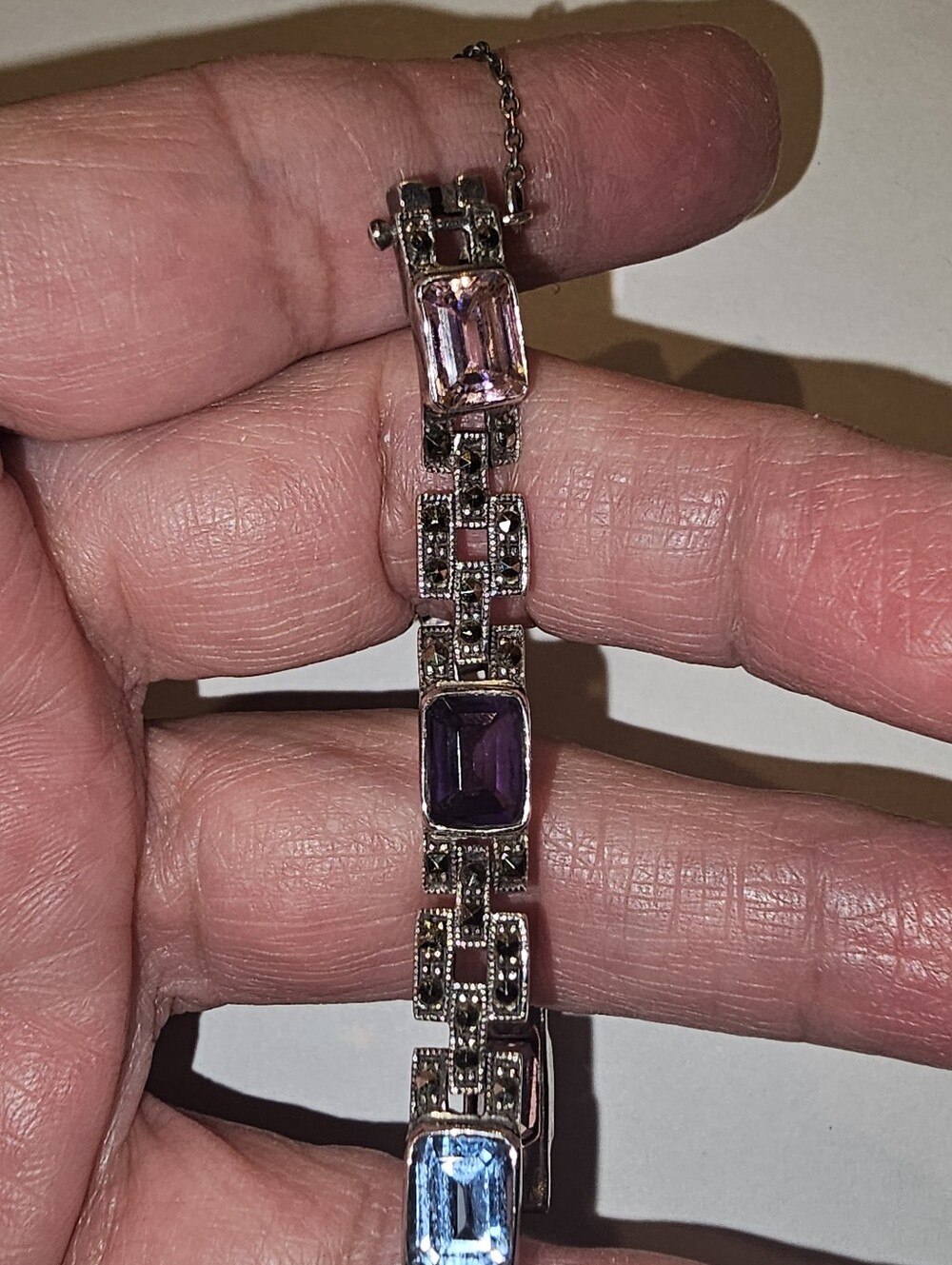 Vintage 925 Sterling Silver Marcasite Multi Gemstone Link Bracelet Art Deco